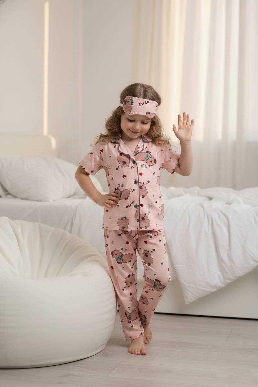 Capybara Desenli Düğmeli Pijama takımı