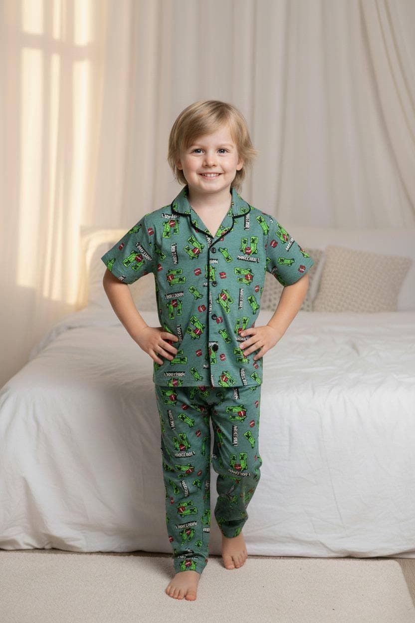Minicraft Desenli Düğmeli Pijama Takımı