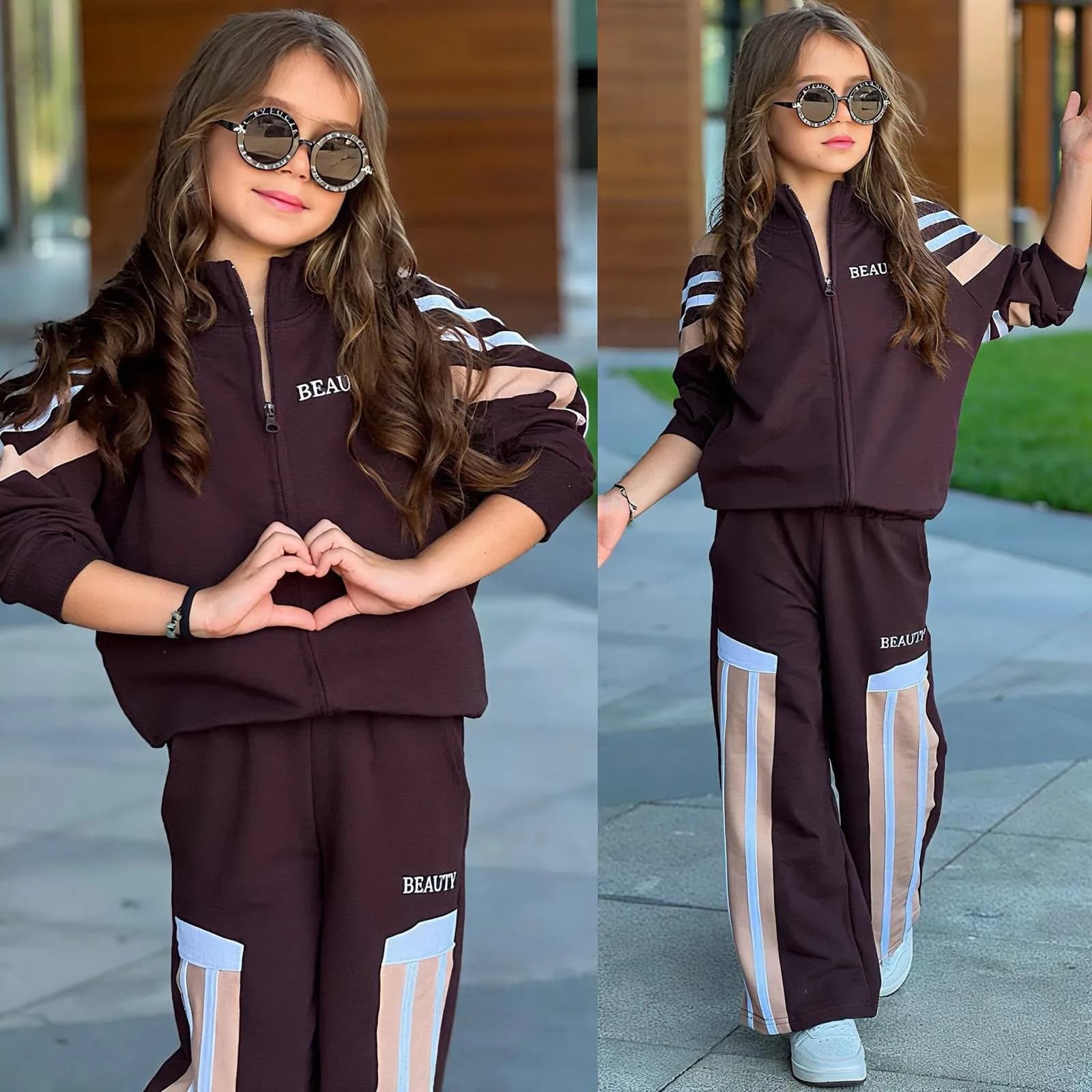 Beauty şeritli kız takım Kahve