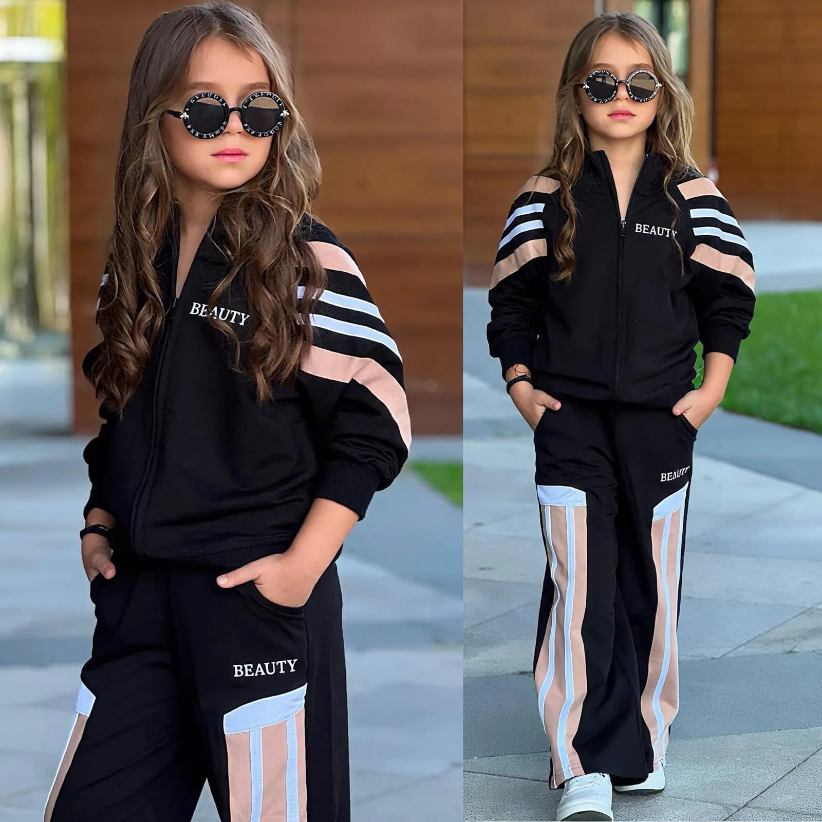 Beauty şeritli kız takım Siyah