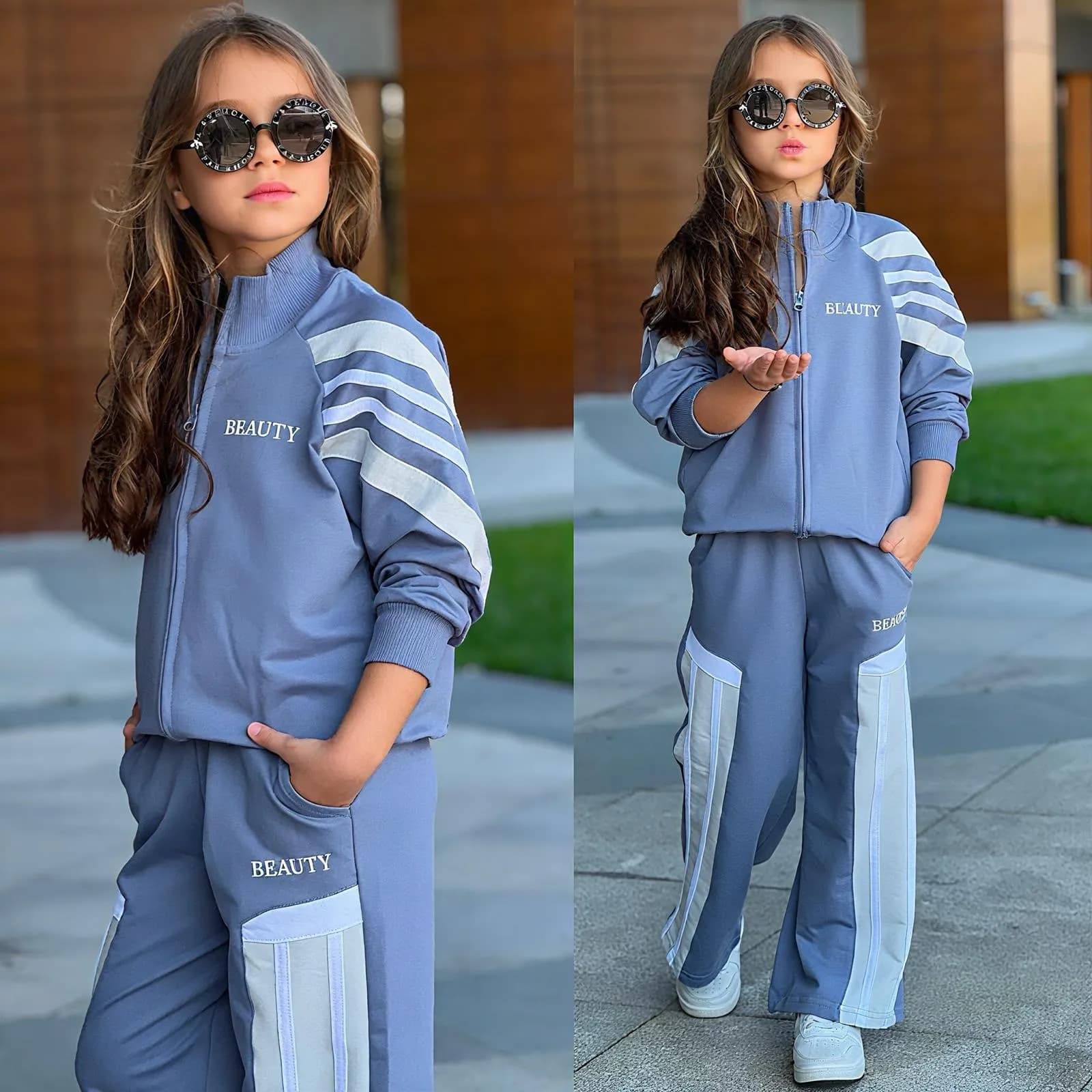 Beauty şeritli kız takım Mavi