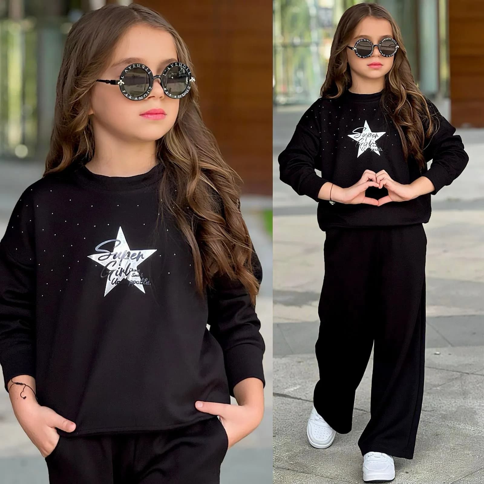 Star girls taşlı oysho kız  takim Siyah