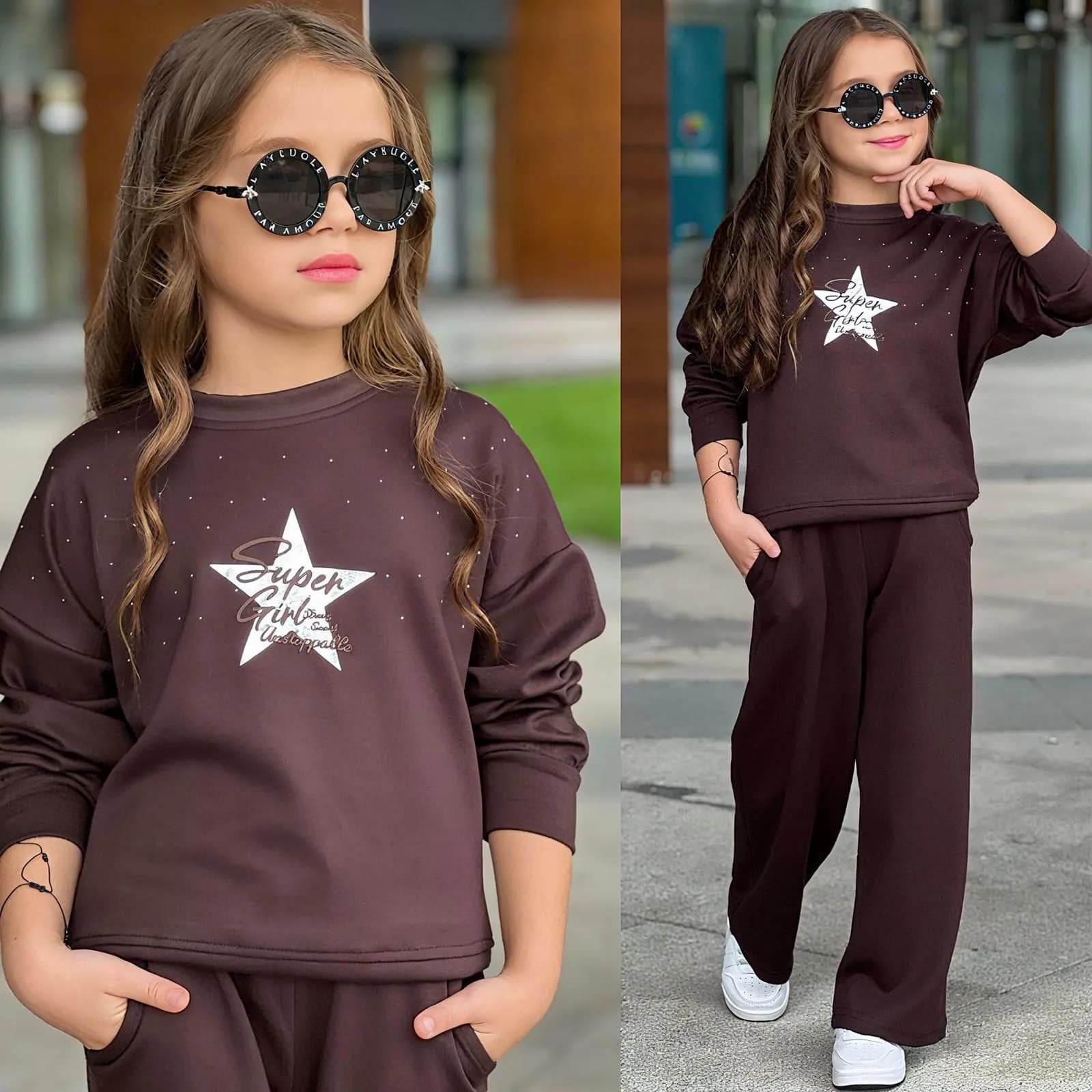 Star girls taşlı oysho kız  takim Kahverengi