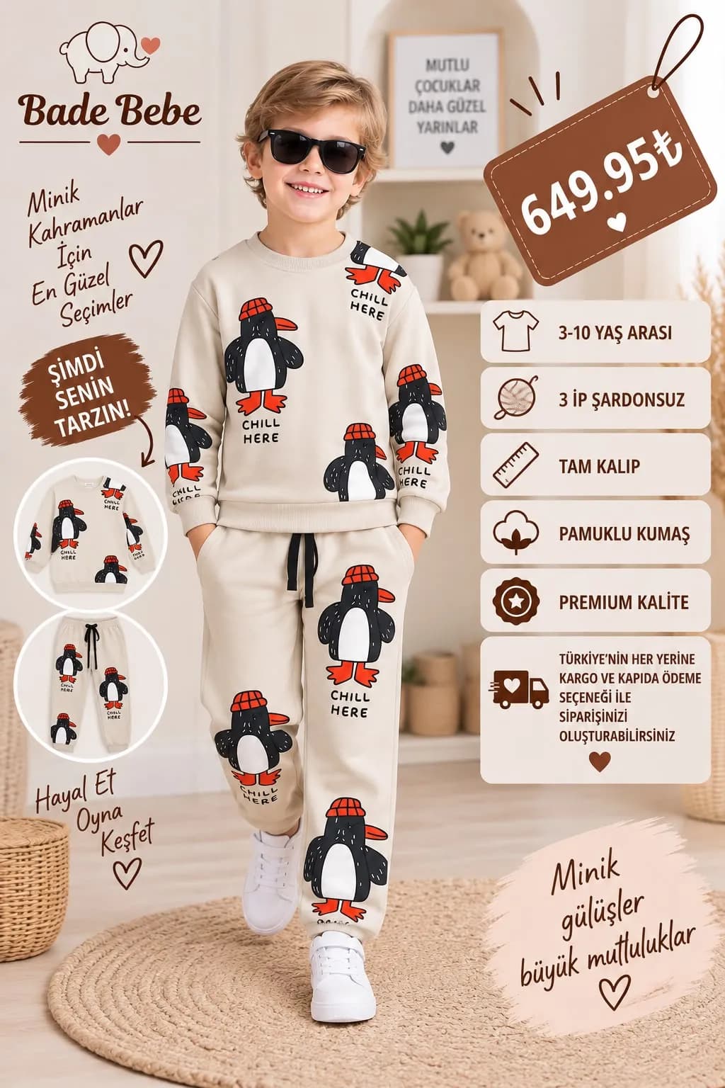 Penguen desenli 3 ip takim Krem